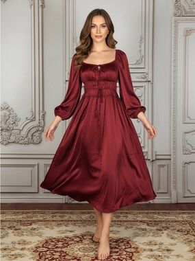 Blu Pepper Burgundy Satin Maxi Dress with Smocked Waist